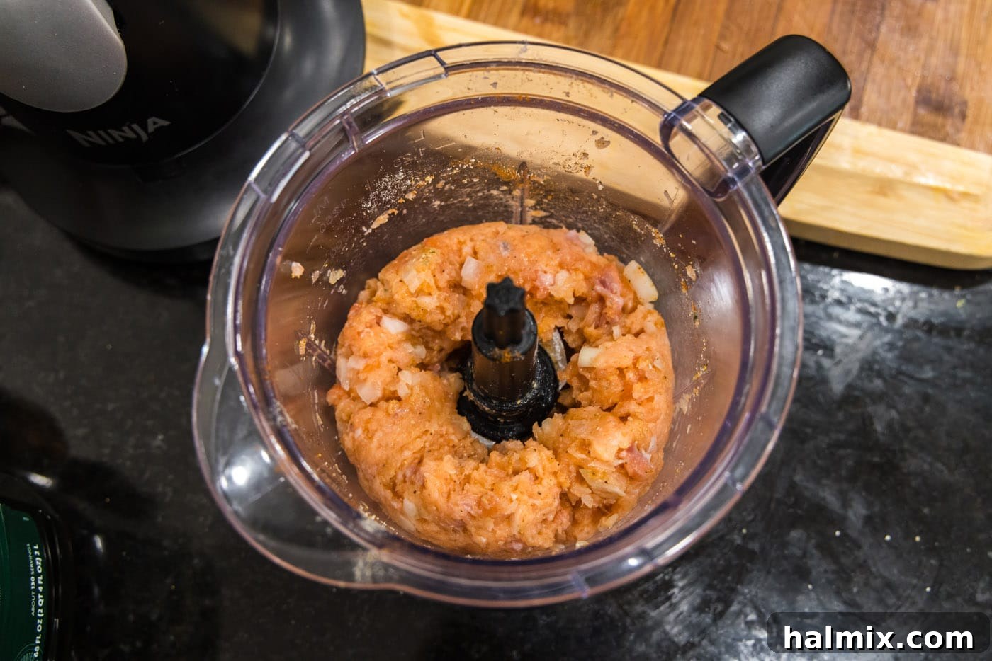 blitzed salmon in a food processor