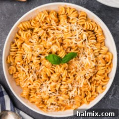 Overhead photo of a bowl of pasta covered in Vodka Sauce