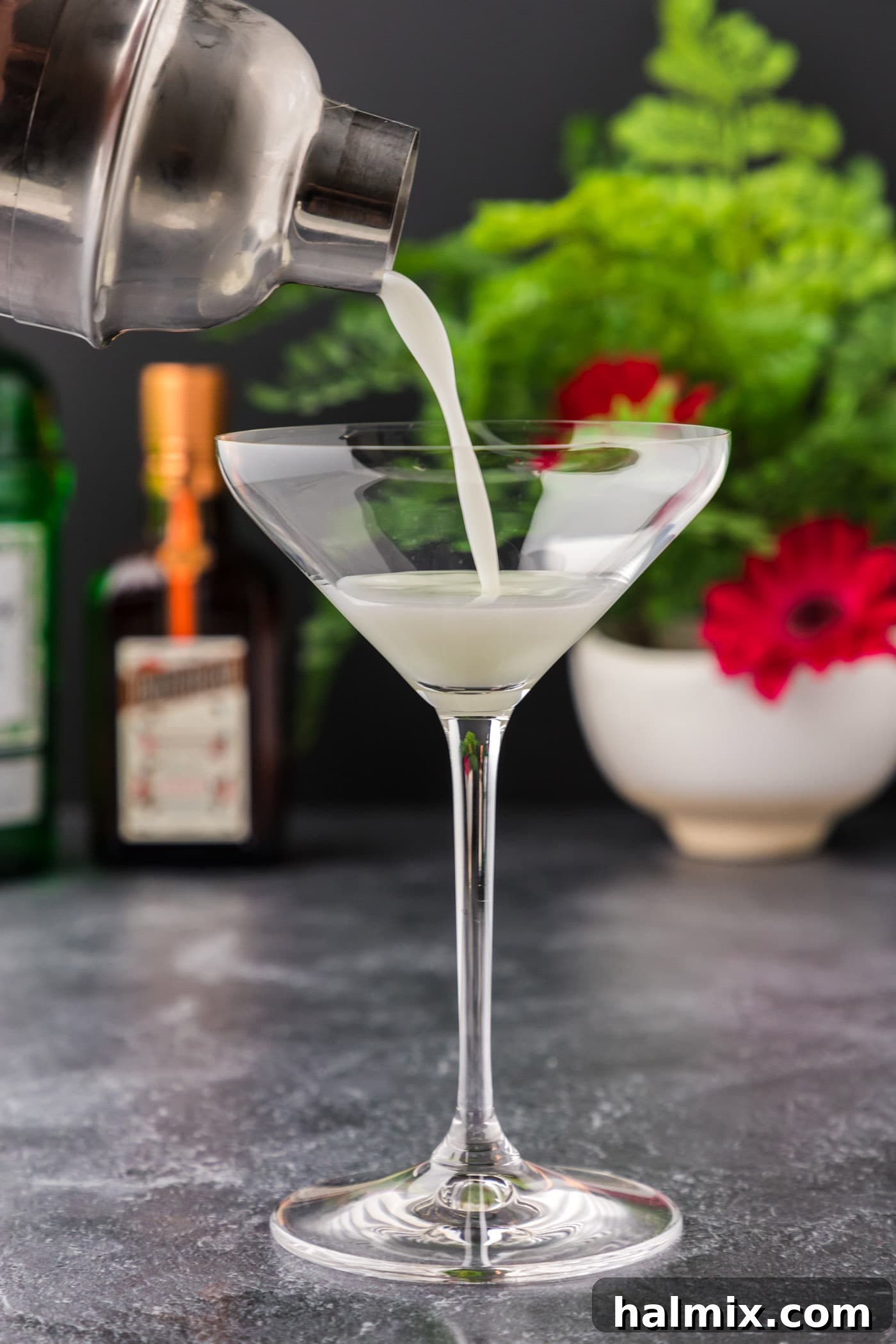 The Pale Belle 8 straining white lady cocktail into martini glass