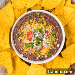 Overhead photo of a bowl of Black Bean Dip with tortilla chips around it