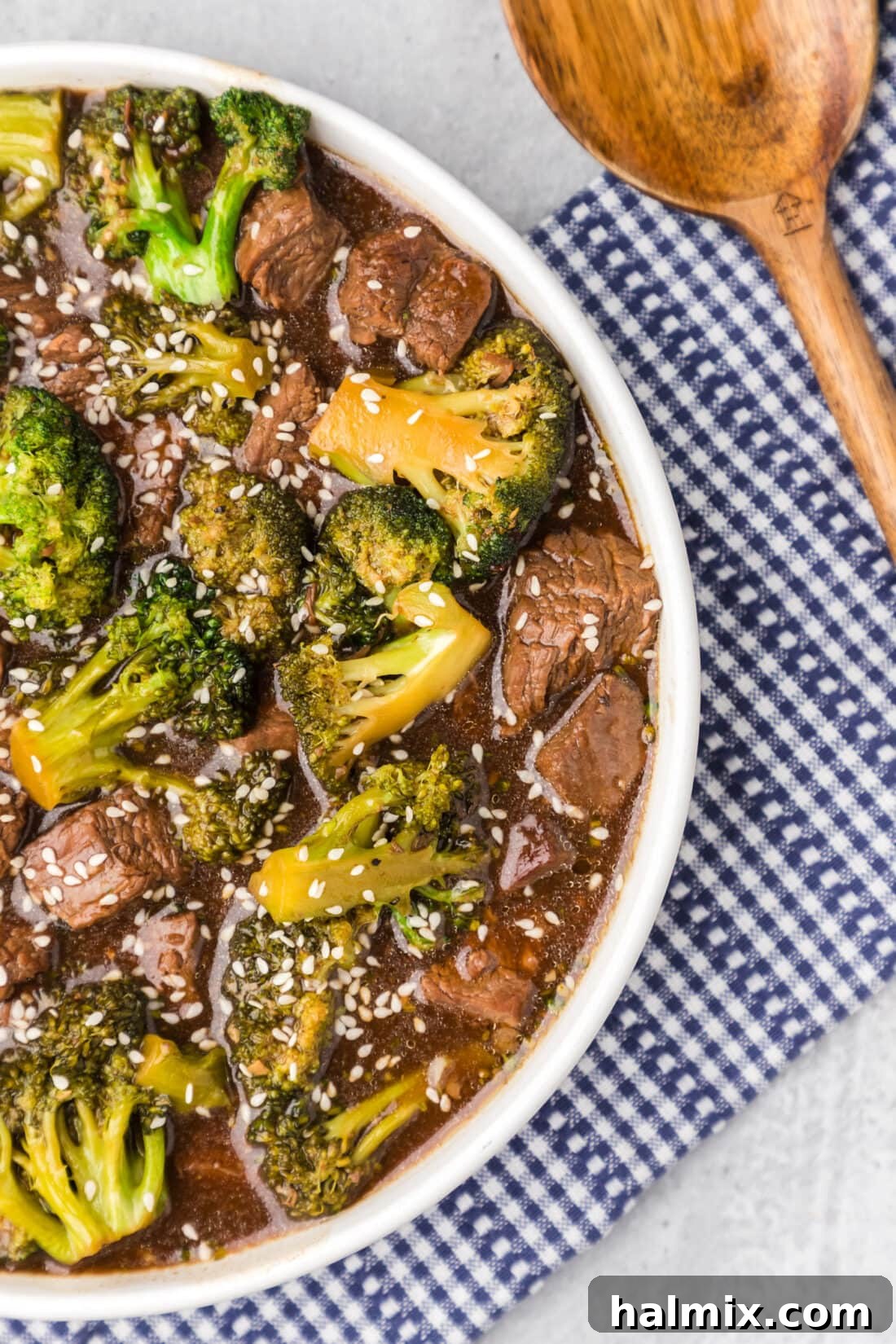 Half shot of a bowl of Instant Pot Beef and Broccoli