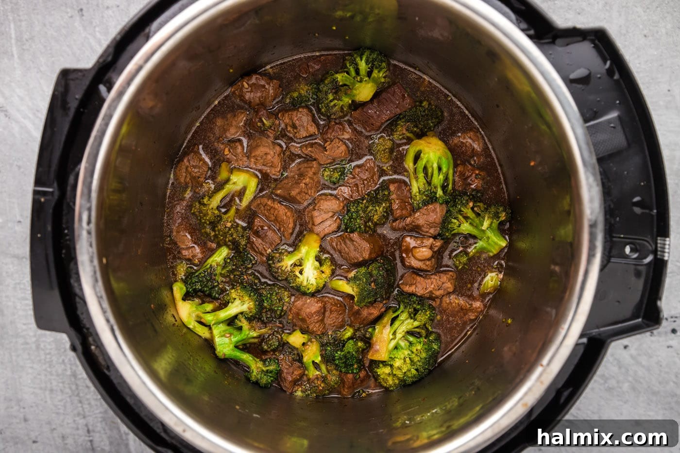 finished cooked beef and broccoli in the instant pot