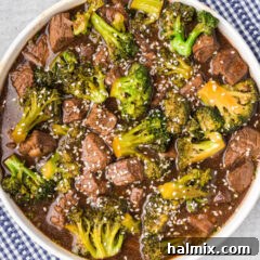 Close up photo of a bowl of Instant Pot Beef and Broccoli