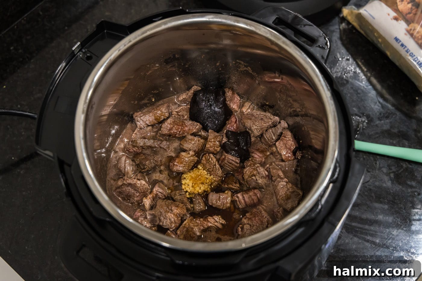 sauteed flank steak cubes with liquid smoke, soy sauce, and beef base, and soy sauce