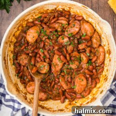 Cajun Red Beans in a skillet, a close-up of the rich, savory dish