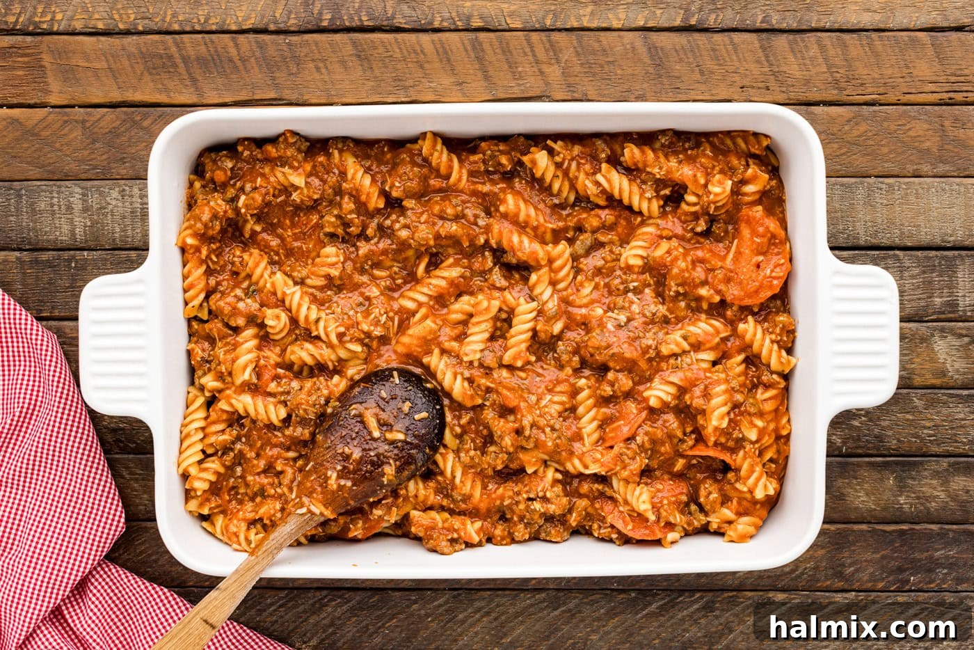 pizza casserole in a baking dish