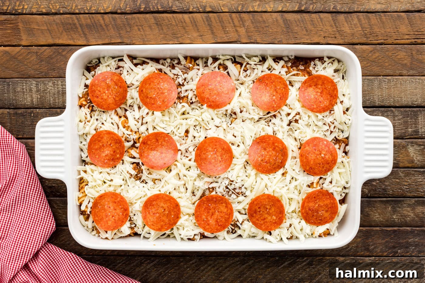 pepperoni slices on top of pizza casserole