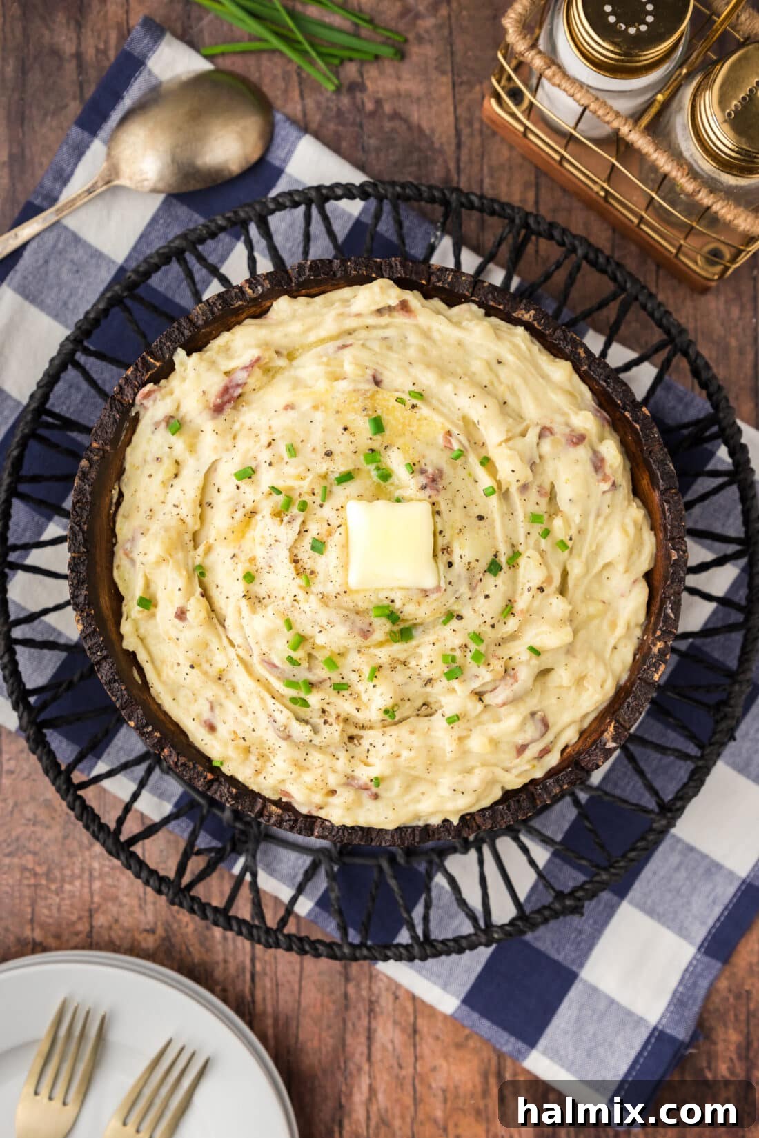 Overhead photo of a bowl of Garlic Mashed Potatoes