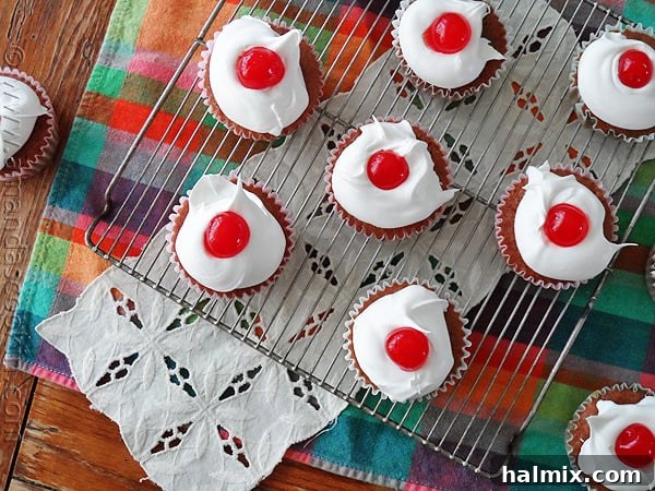 An overhead photo of cherry cupcakes on a cooling rack.