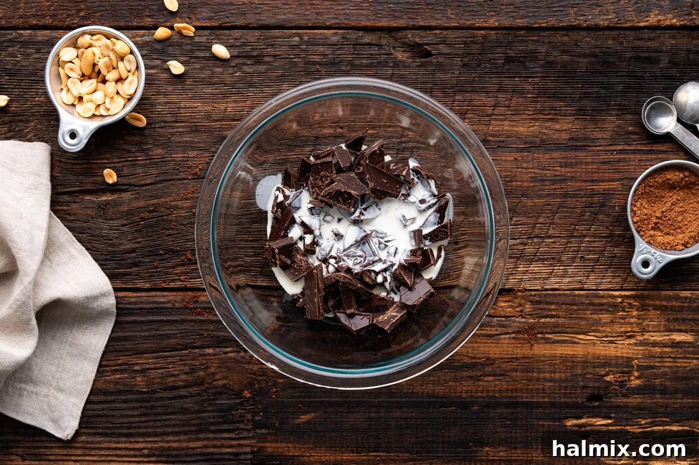 Chocolate Peanut Butter Bliss 12 chopped dark chocolate in a bowl with heavy whipping cream