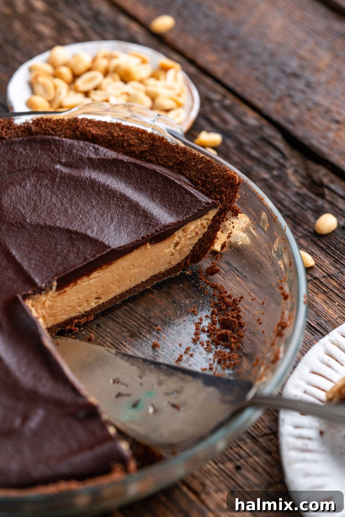 Chocolate Peanut Butter Bliss 16 Chocolate Peanut Butter Pie with slices removed