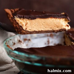 Chocolate Peanut Butter Bliss 17 Slice of chocolate peanut butter pie being lifted out of the pie dish