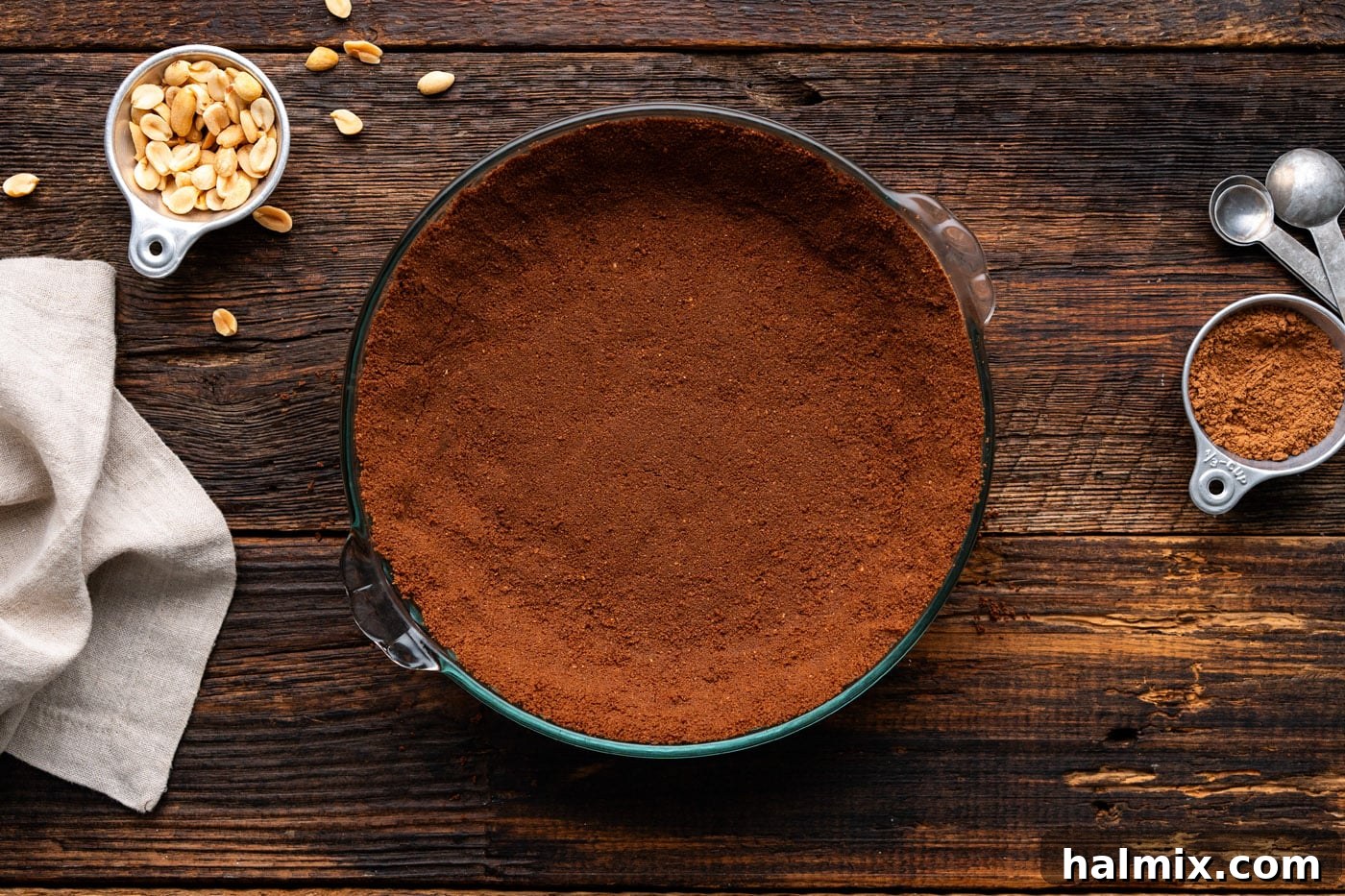 Chocolate Peanut Butter Bliss 7 chocolate graham cracker pie crust in a pie plate