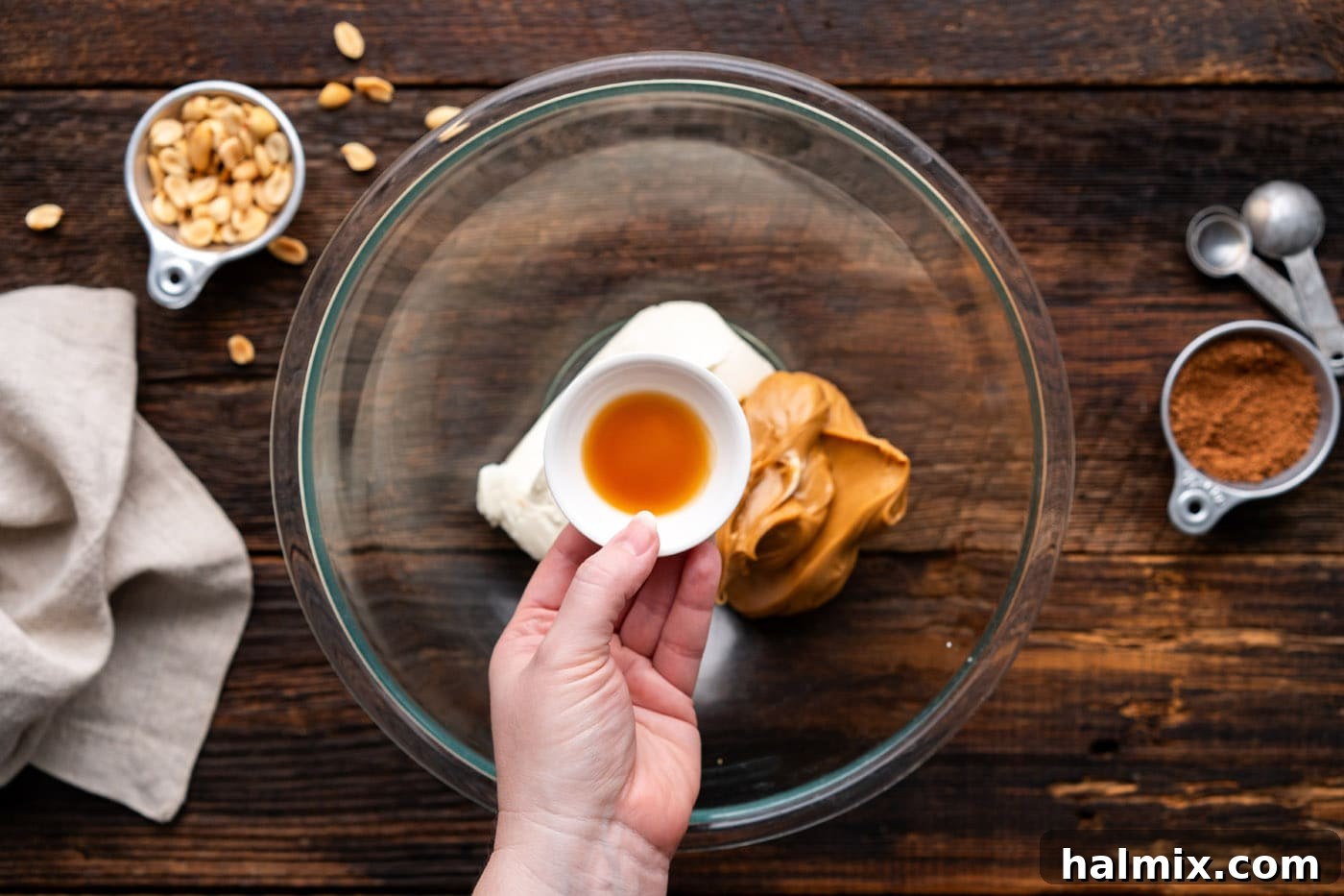 Chocolate Peanut Butter Bliss 8 cream cheese, peanut butter, and vanilla in a bowl