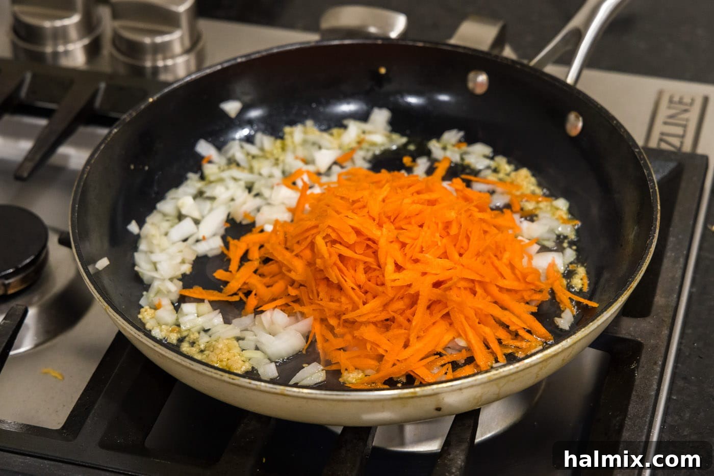 Savory Lentil Bites 5 garlic, onion, and carrot added to skillet