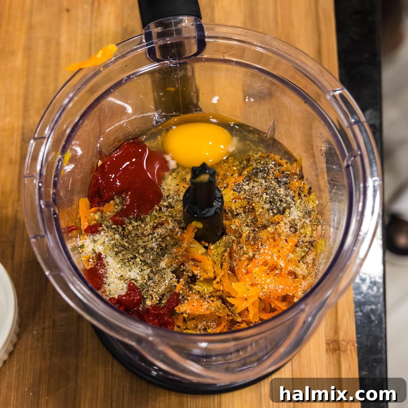 Savory Lentil Bites 8 lentil meatball ingredients added to a food processor