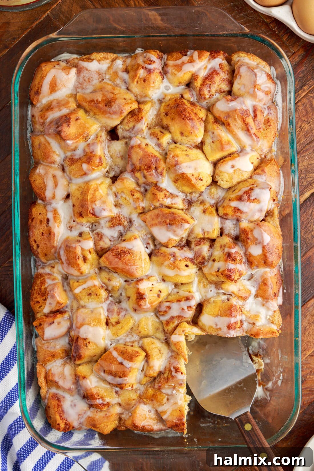 Cinnamon Roll Casserole with a serving removed