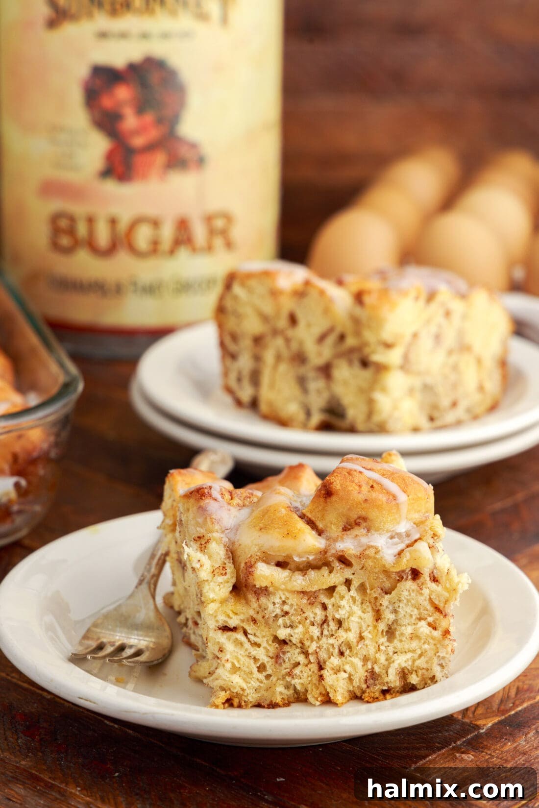 Serving of Cinnamon Roll Casserole on a plate