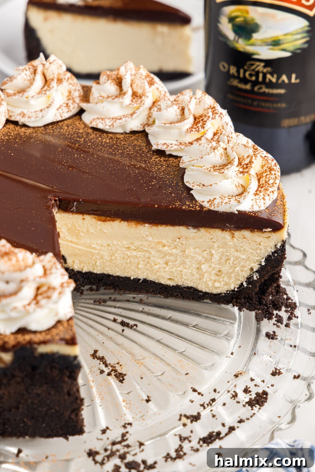 Side of a Baileys Cheesecake with two slices removed, showcasing the layered structure