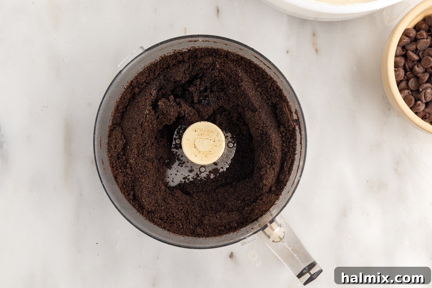 blended Oreo cookies in a food processor