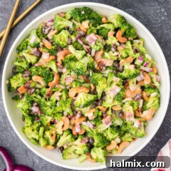 Close up photo of a bowl of Broccoli Cashew Salad
