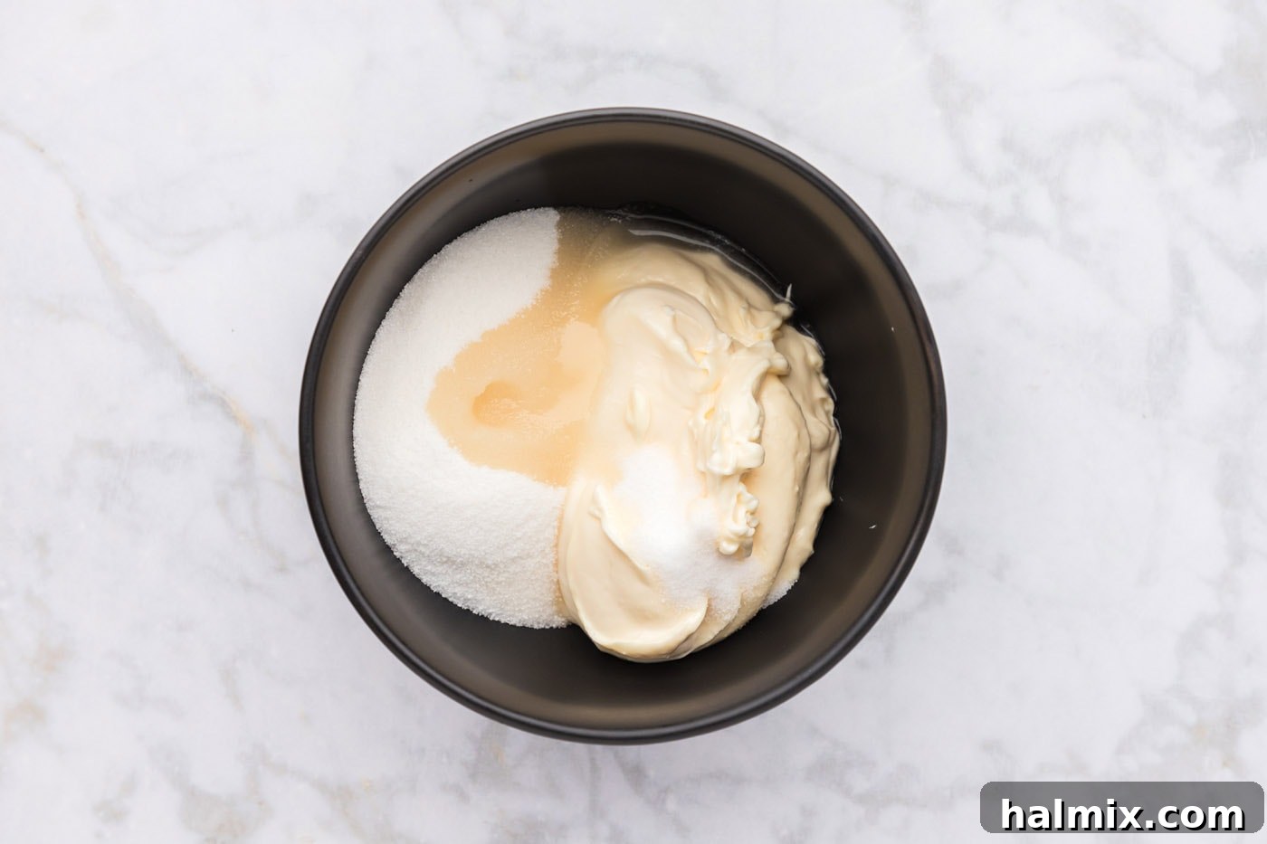 Crunchy Broccoli Cashew Delight 5 mayo dressing ingredients in a bowl
