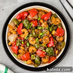 Close up photo of a plate of Kung Pao Shrimp
