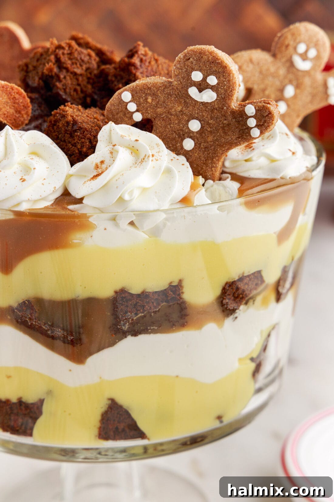 Close up photo of Gingerbread Trifle, showcasing its beautiful layers