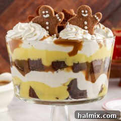 Gingerbread Trifle topped with gingerbread cookies