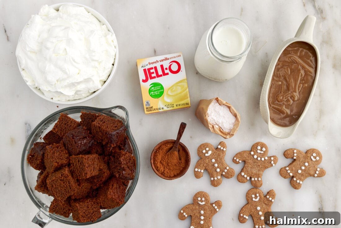 Assorted ingredients for making Gingerbread Trifle laid out on a table