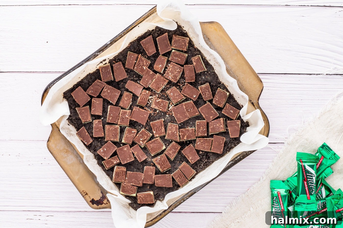 Chopped Andes mints sprinkled over the Oreo cookie crust.