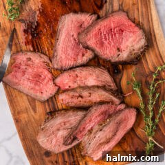 Overhead photo of Air Fryer Roast Beef slices