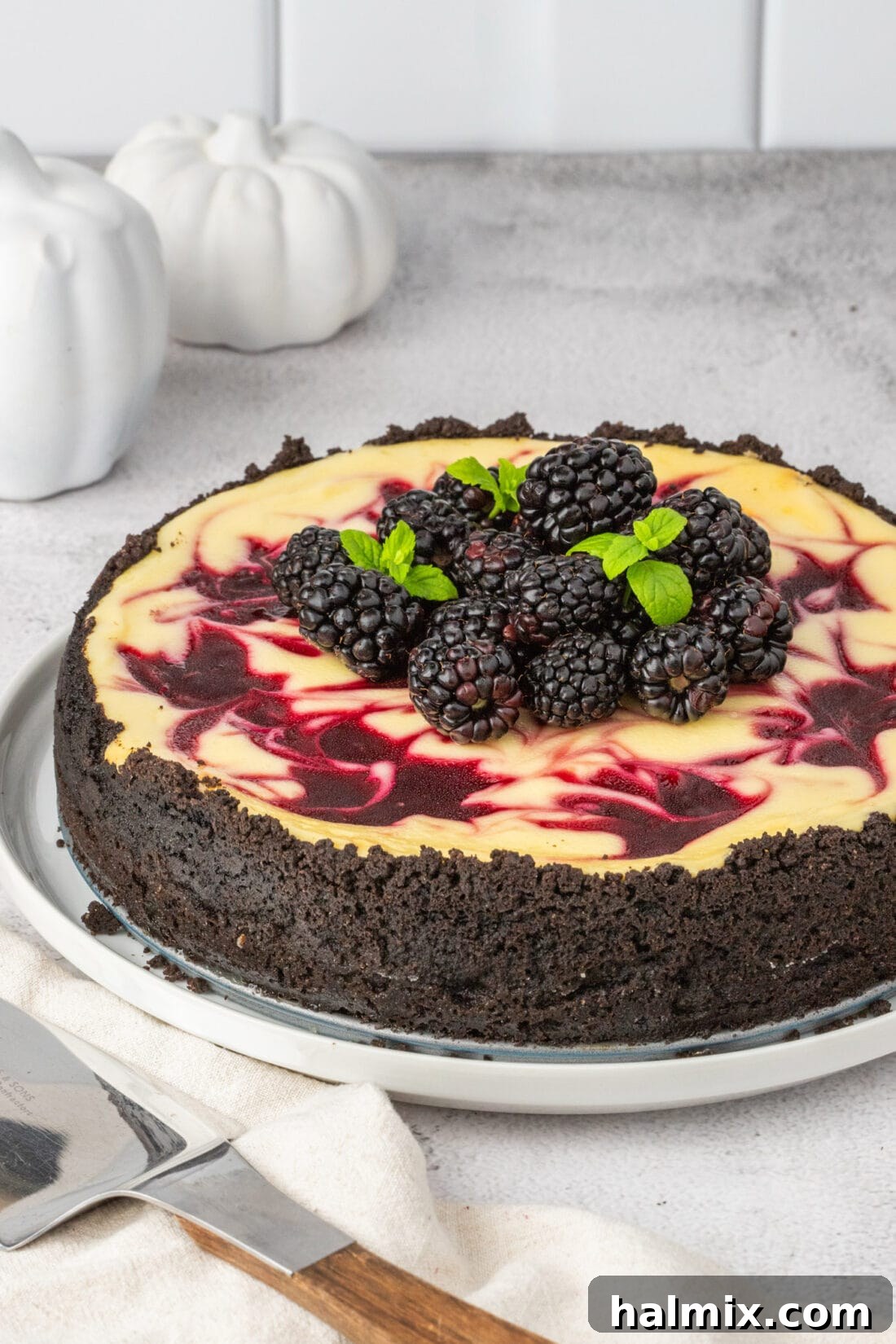 Blackberry Ripple Cheesecake 2 A slice of Blackberry Swirl Cheesecake on a plate, showing the marbled blackberry sauce and Oreo cookie crust.
