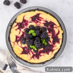 Blackberry Ripple Cheesecake 6 Overhead photo of a Blackberry Swirl Cheesecake