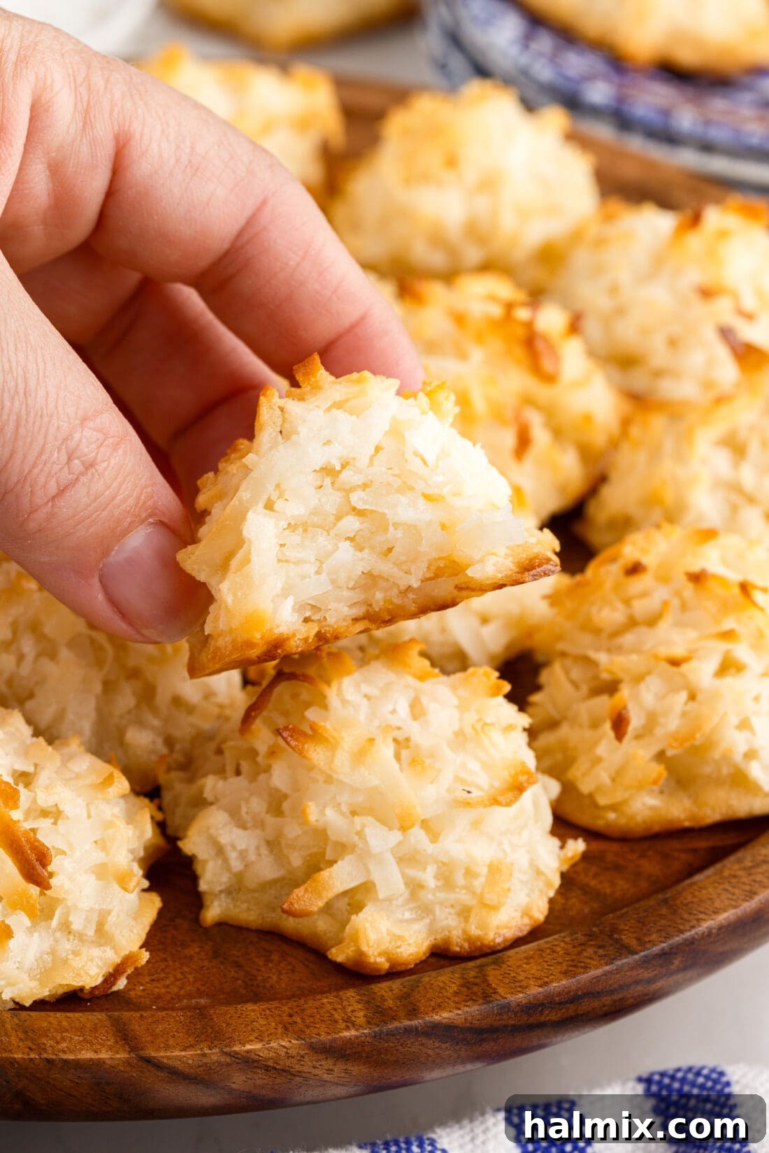 Hand holding a perfectly baked golden brown coconut macaroon with a bite taken out, revealing its chewy interior.