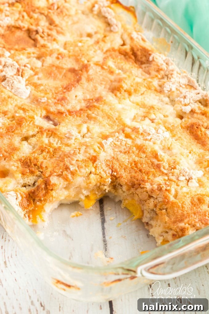 pach dump cake with a slice out of it