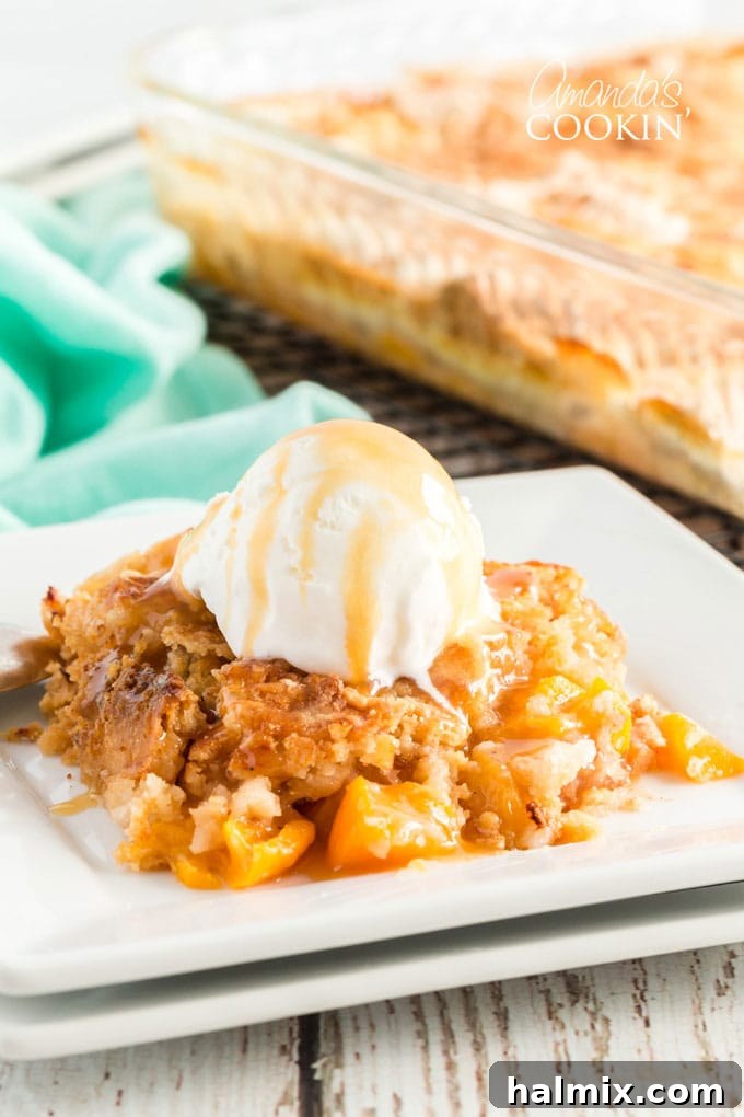 peach cobbler with ice cream and caramel