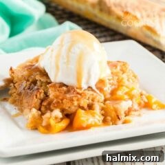 peach cobbler with vanilla ice cream on plate