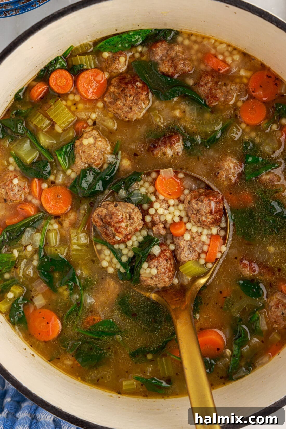 Ladle of Italian Wedding Soup held in a pot of soup