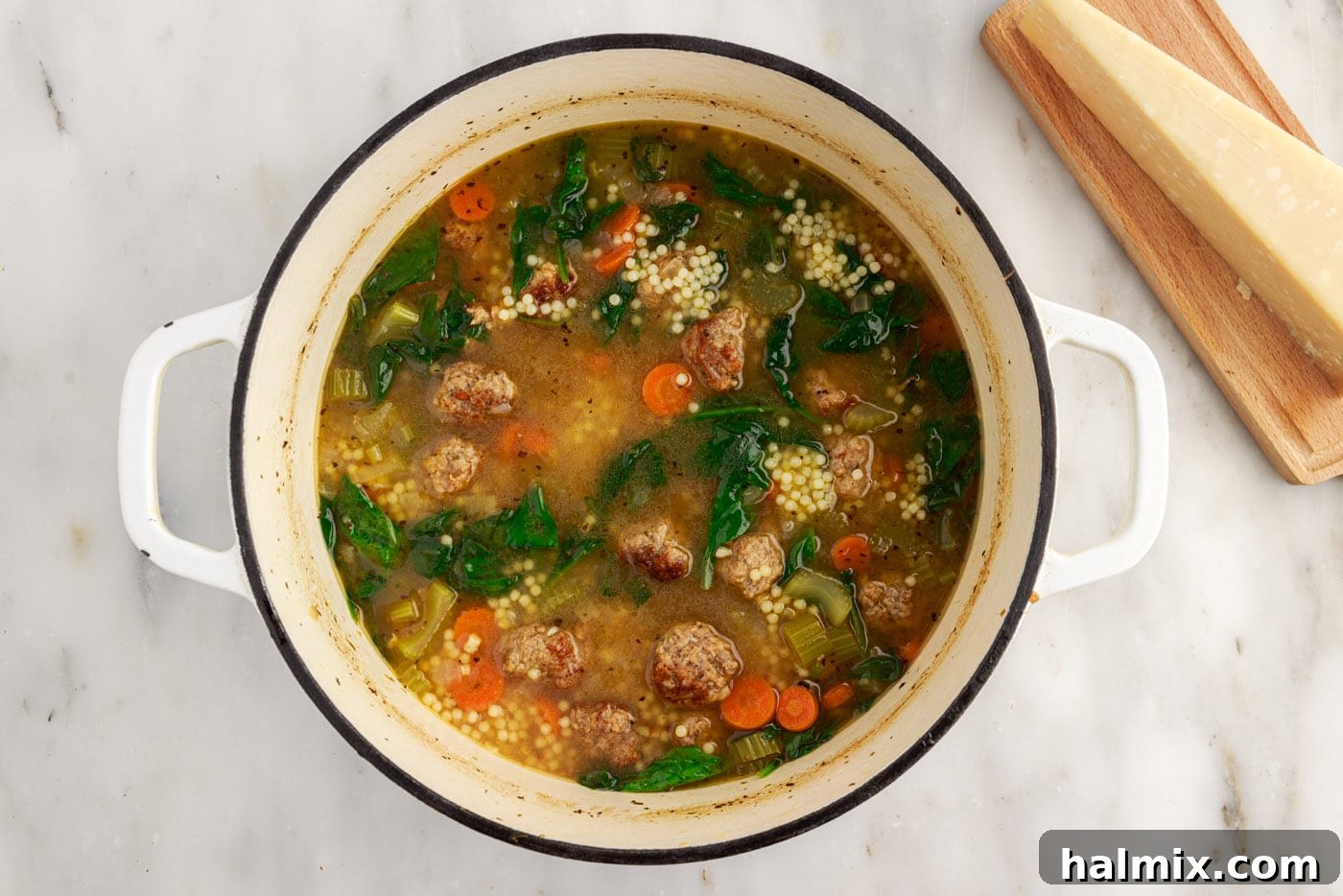 overhead of Italian wedding soup in a stock pot