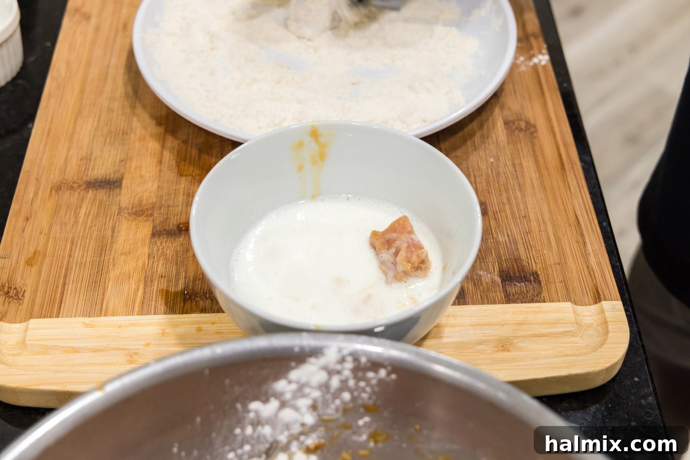 Golden Fried Pork with Tangy Glaze 9 dredging station for pork