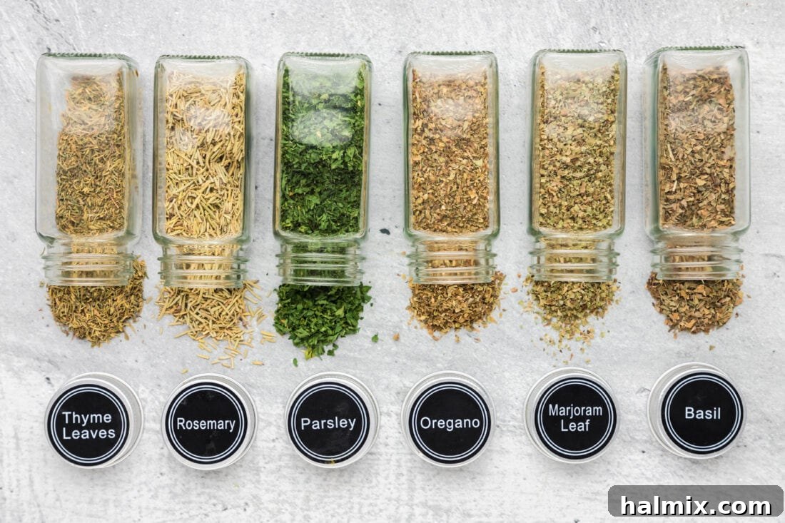 Individual ingredients for Italian Seasoning laid out on a table