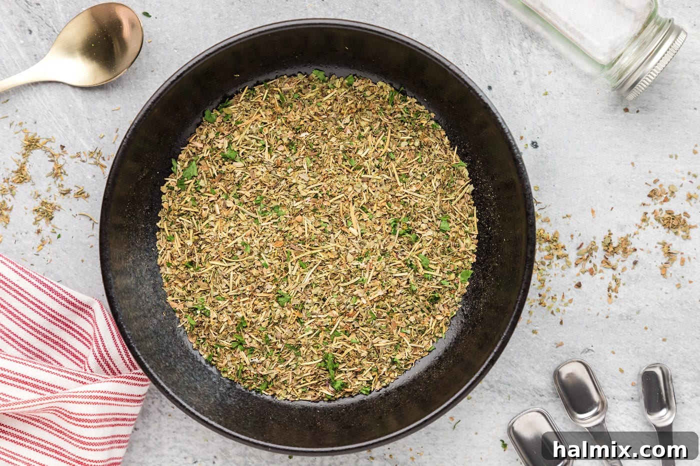 homemade italian seasoning mix thoroughly combined in a mixing bowl