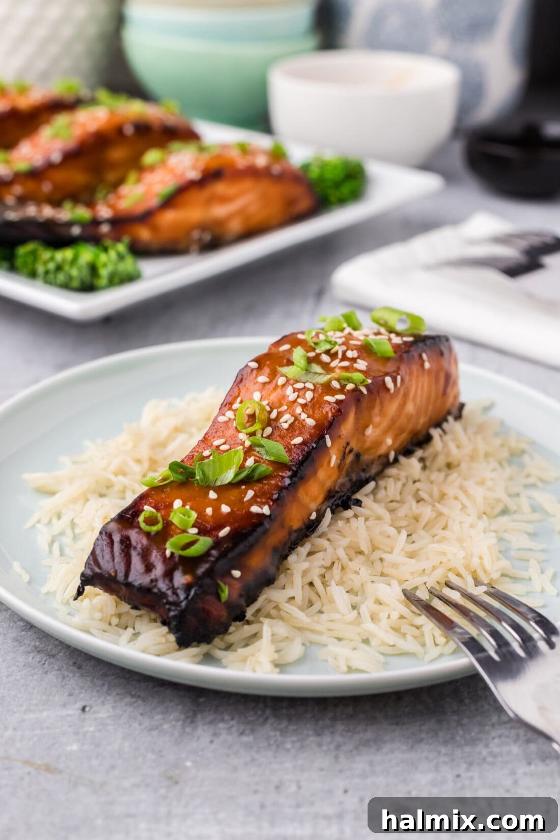 A perfectly cooked Miso Salmon fillet, served elegantly on a bed of fluffy white rice, garnished with fresh green onions.