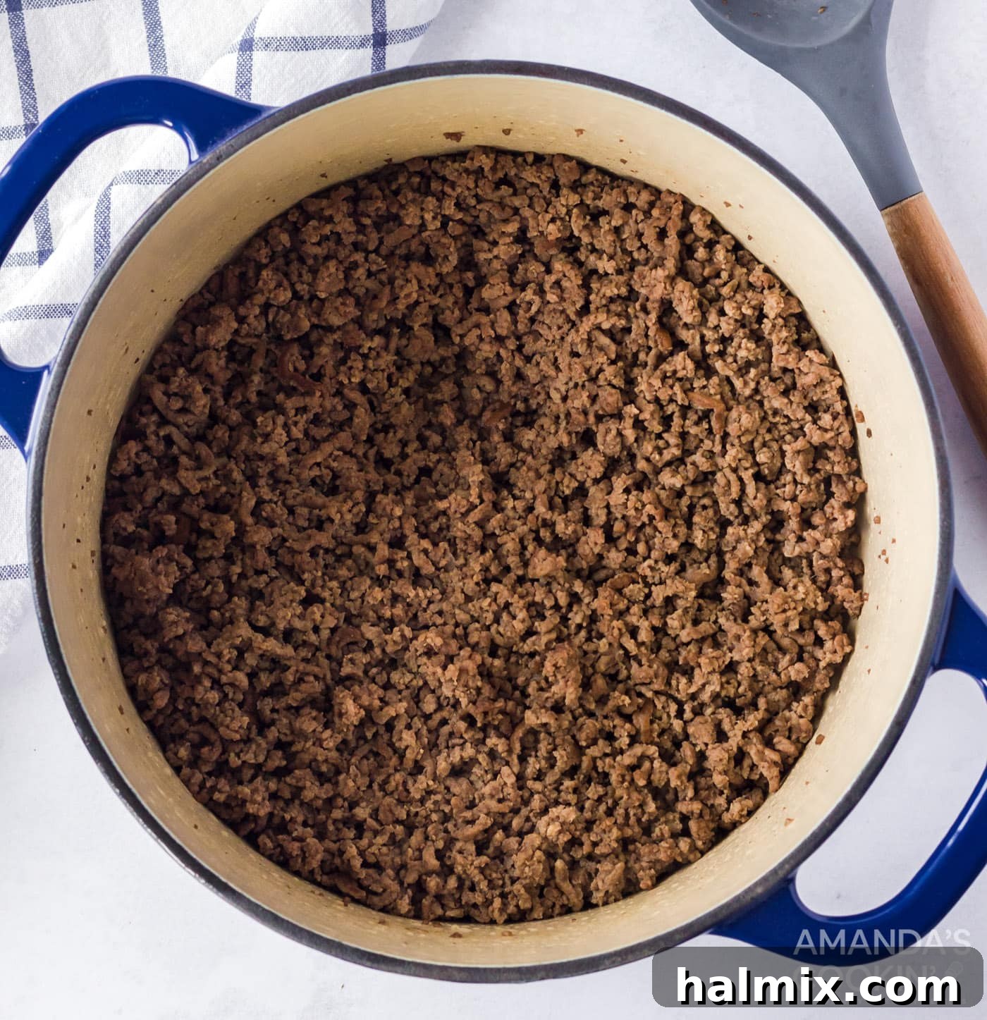 browned ground beef in a large pot