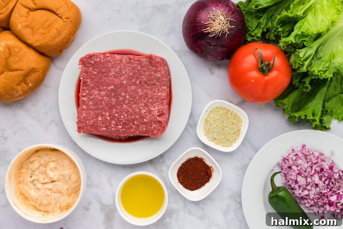Mighty Buffalo Burger 4 All the fresh ingredients neatly arranged on a cutting board, ready for making the Buffalo Burger recipe.