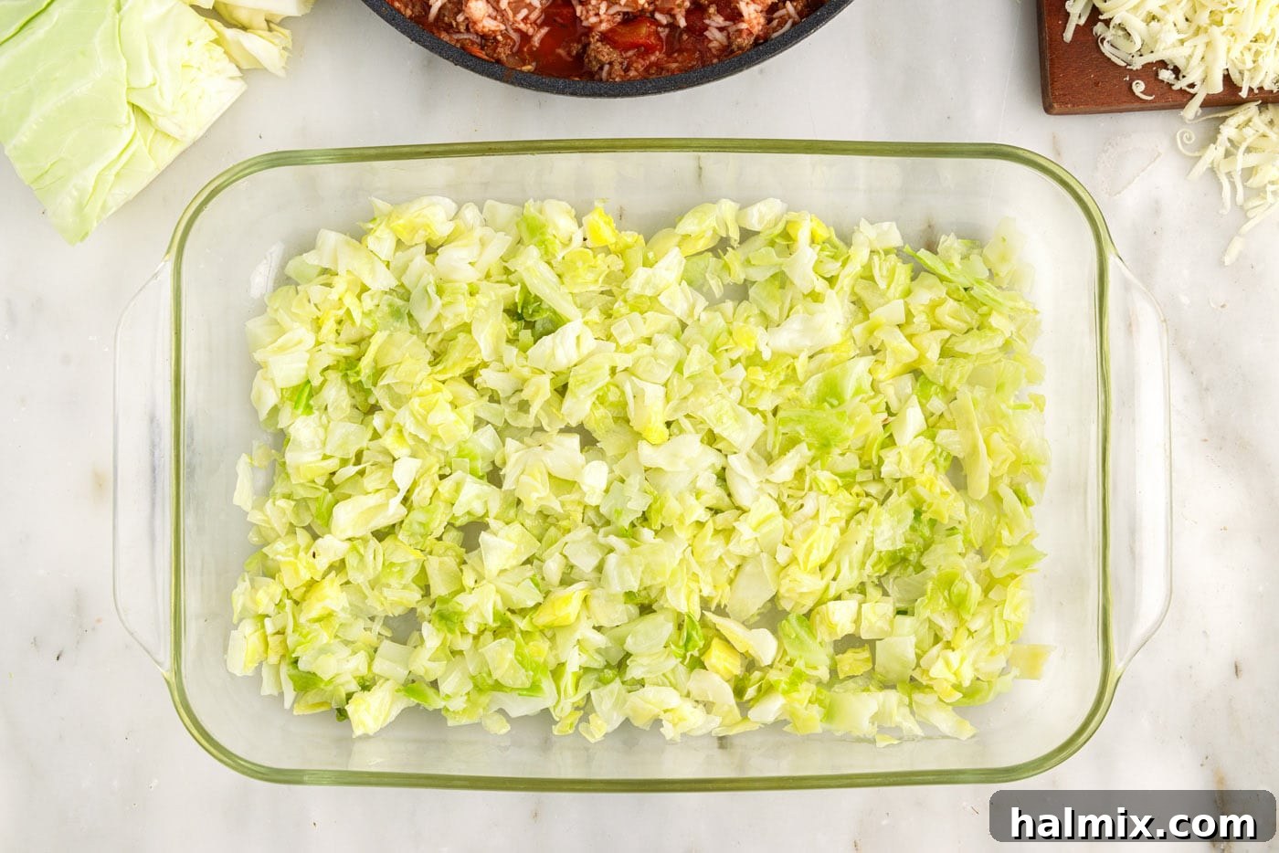 Hearty Unstuffed Cabbage Casserole 11 chopped cabbage on bottom of a baking dish