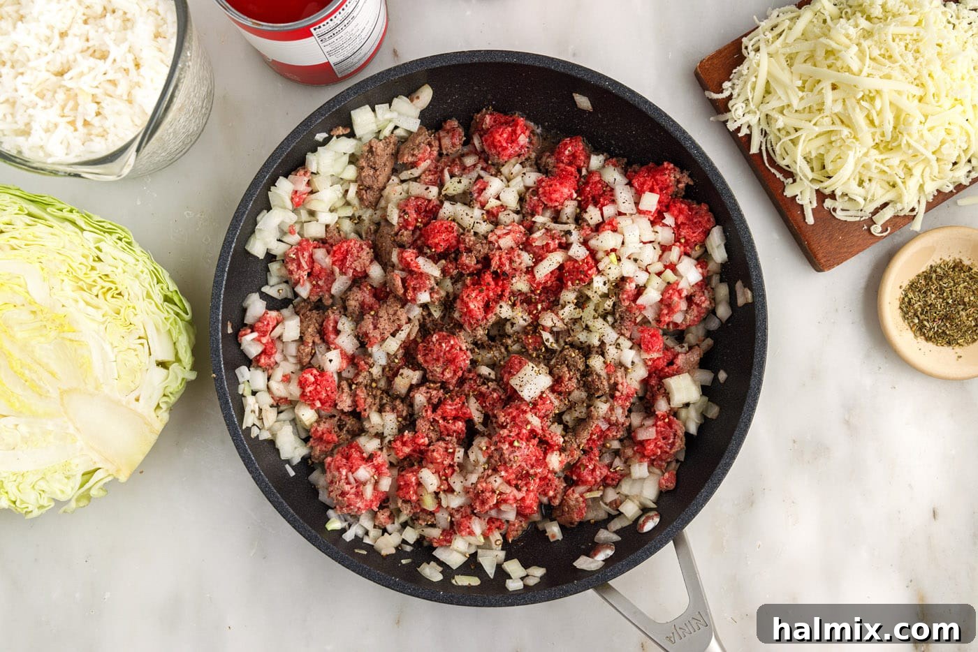 Hearty Unstuffed Cabbage Casserole 6 ground beef and onion in skillet