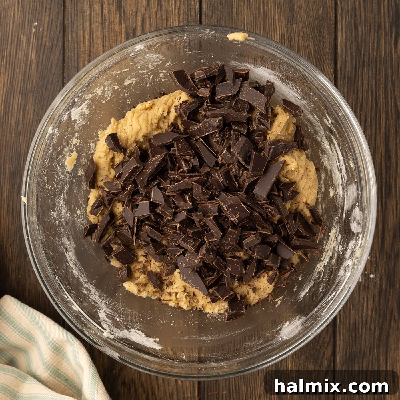 Decadent Caramel Chocolate Skillet 12 chopped chocolate added to bowl of cookie dough