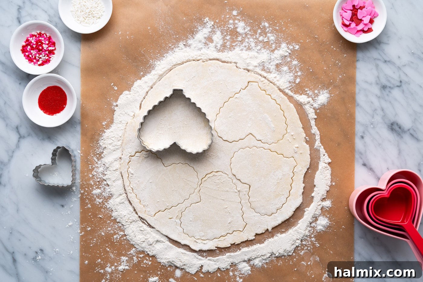 cutting hearts out of dough